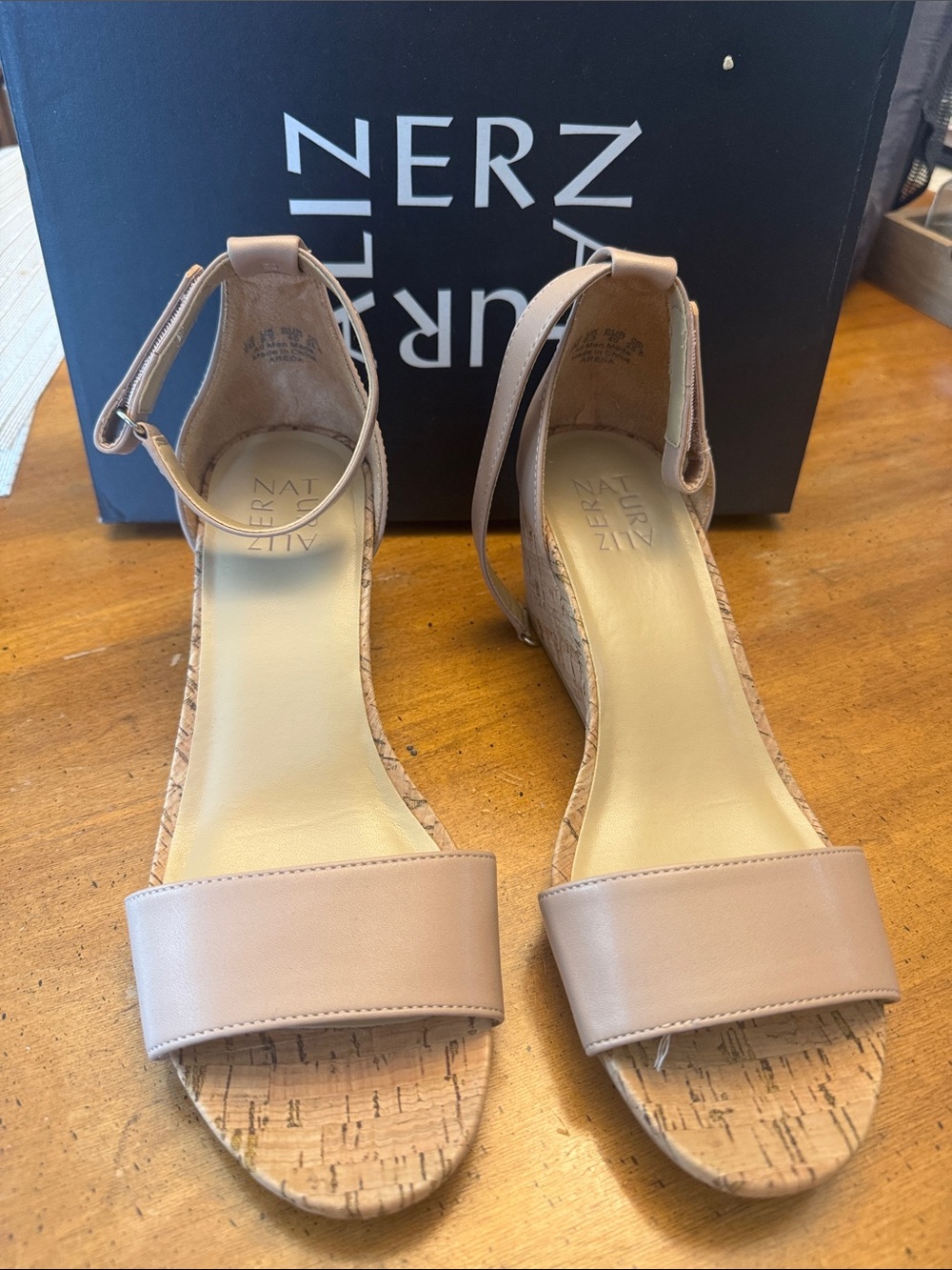 Naturalizer Nude-Tan Cork Ankle-Strap Wedges